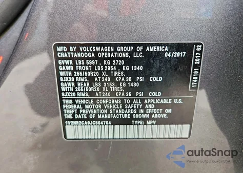 2018 Volkswagen Atlas Sel Premium from USA, damaged, VIN 1V2NR2CA9JC504704